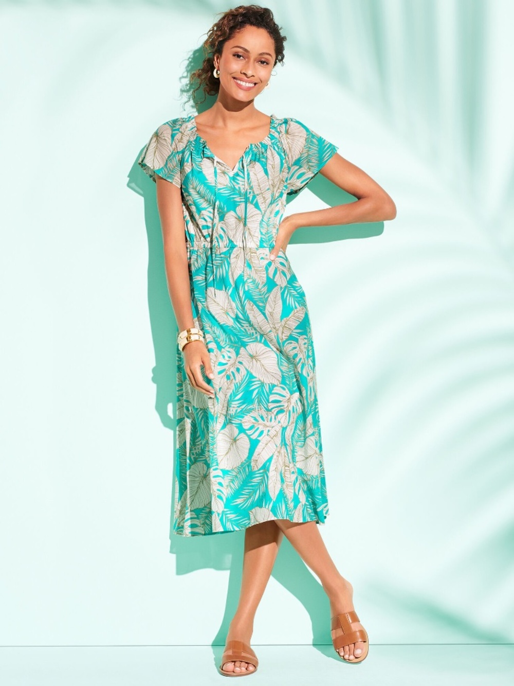 Talbots Cotton Tropical Leaf Print Midi Dress Size 6P Preppy Coastal Summer